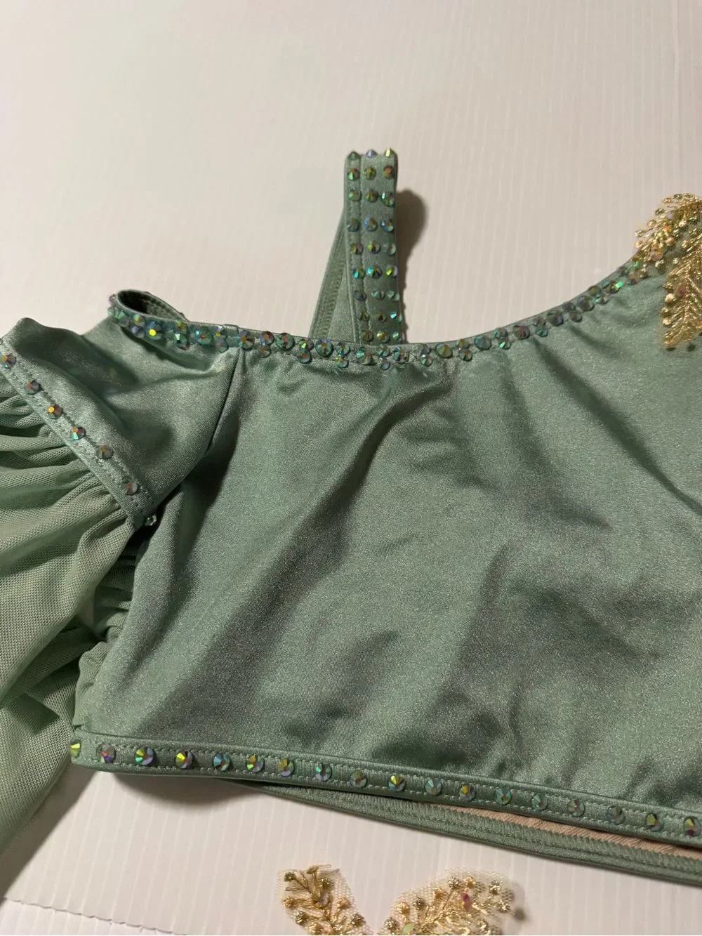 Weissman Elite dance costume 2 piece August 15286 sage green MC-Medium child